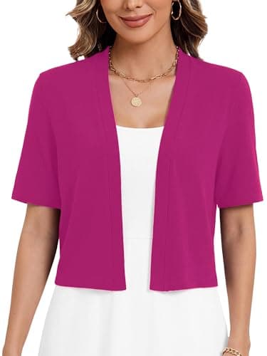 Heymoments Women's Thin Shrugs for Dresses Magenta X-Large Open Front Short Sleeve Lightweight Coat Cropped Tops Shawls and Wraps Cardigan Dressy Clothes - Image 1