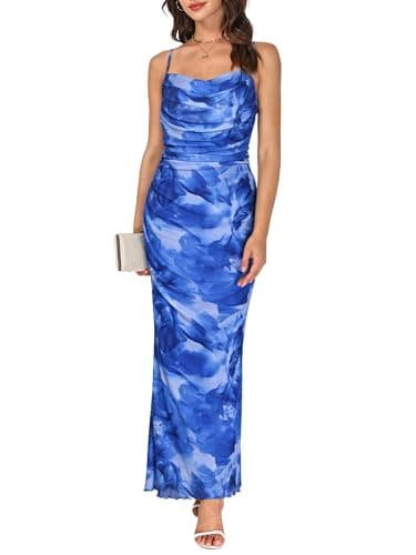 COCCKO Women's Floral Mesh Midi Dress, Spring 2026 Spaghetti Strap Ruched Bodycon Sundress for Wedding Guest & Tea Party Blue - Image 1