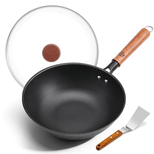 WANGYUANJI Carbon Steel Wok Pan - 10 Inch Nitrided Rust Resistant Stir Fry Pan, Flat Bottom Deep Iron Skillet with Lid, Lightweight Induction Cookware for 1-2 People, No Chemical Coating (26cm) - Image 1