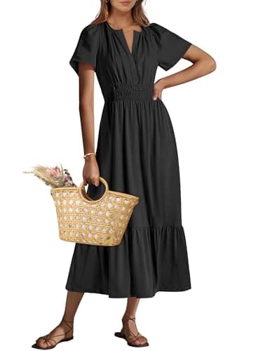 ANRABESS Women's Summer Short Sleeve Maxi Dress 2026 Casual V Neck High Waist A-Line Flowy Loose Tiered Boho Long Dresses Black Large - Image 1