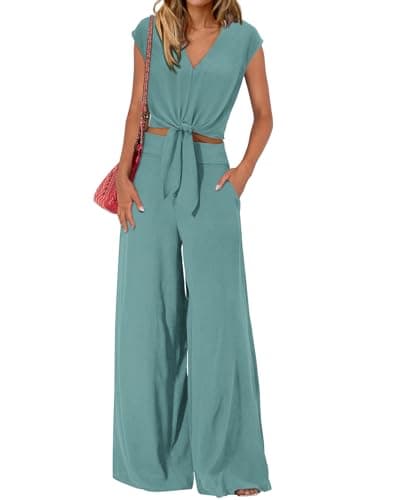 PRETTYGARDEN Women's Summer 2 Piece Outfits 2026 Cap Sleeve V Neck Belted Crop Tops Wide Leg Pant Sets Casual Tracksuit(Solid Blue Green,Medium) - Image 1