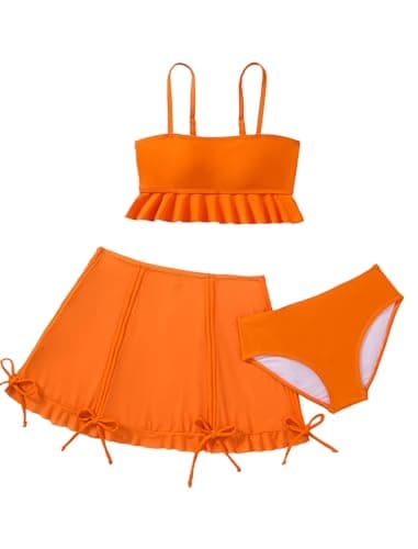 Girls Bikini Swimsuit 3 Piece Set Ruffle Tankini Top with Swim Skirt and Matching Bottom, Kids Girls Bathing Suit for Pool Beach, Orange, Ages 9-10 Years - Image 1