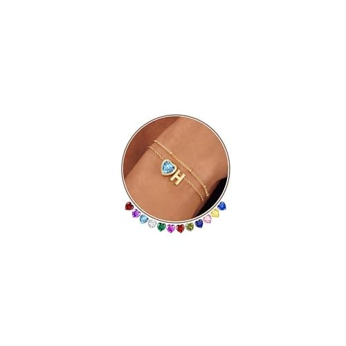 Esrial Heart Initial Birthstone Bracelets for Women- Dainty 14K Gold Plated Heart Letter A-Z Charm Layered Bracelet Trendy Jewelry Gifts, Birthday Gifts for Women(March,Initial H) - Image 1