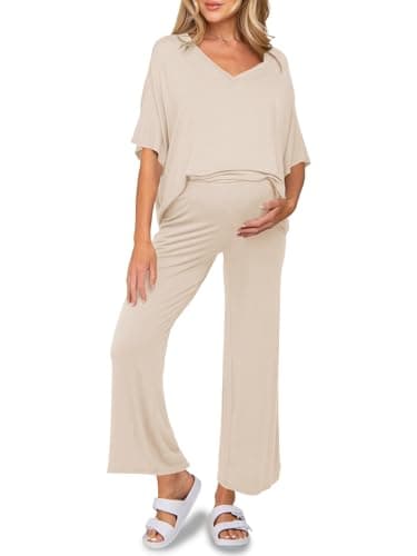 Tankaneo Womens Maternity Pajamas 2 Piece Lounge Set Soft Short Sleeve V Neck T-shirt Cropped Pants Pregnancy Loungewear, Beige, Medium - Image 1