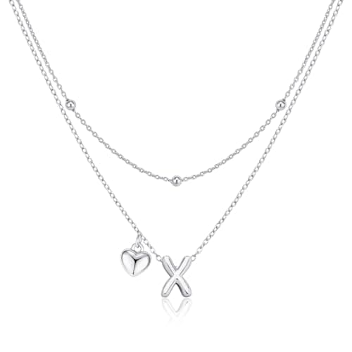 adoyi Silver Heart Initial Necklaces for Women 14k Gold Plated Layered bubble Letter Necklace Dainty Heart X Pendant Necklace Stack Birthday Valentines Gifts for Women Jewelry