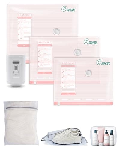 BAGSMART Vacuum Bags for Travel with Rechargeable Air Pump, Portable Space Saver Bags for Travel & Home, Vacuum Compression Seal Bag for Clothing, Blanket, 21 Pack Pink - Image 1