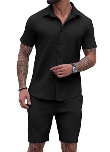 PrinStory Mens 2 Pieces Outfits Short Sleeve Tracksuit Beach Button Down Shirts and Shorts Set with Pockets Black-2XL - Image 1
