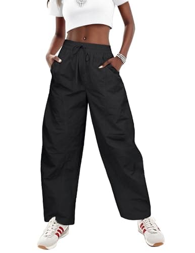 LOOKBOHO Women's Cargo Pants 2026 Summer High Waist Barrel Baggy Casual Drawstring Lightweight Parachute Hiking Trouser Streetwear with Pockets Black Small - Image 1