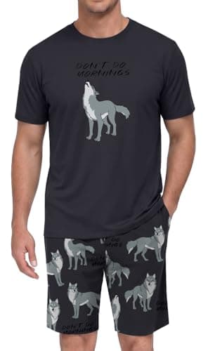 PrinStory Men's Don't Do Mornings Pajama Set, Funny Wolf Graphic Tee and Printed Shorts, Novelty Sleepwear Loungewear Set for Home and Slow Starts, Charcoal S - Image 1