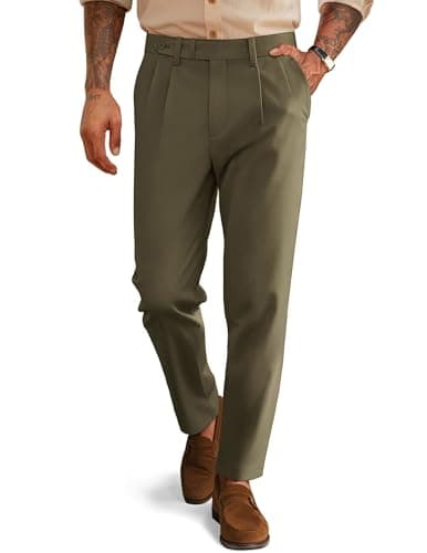 Men Vintage Lightweight Trousers Tapered Pleated Pants Extended Waist Casual Dress Pants for Office Olive Green M - Image 1