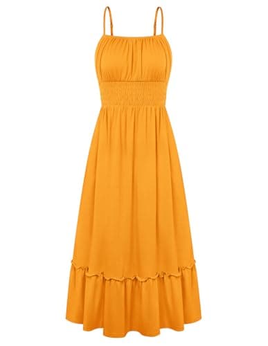 GRACE KARIN Women's Summer Maxi Dress 2026,Smocked Ruched Bust Sundress with Adjustable Straps & Pockets Mustard Yellow XL - Image 1