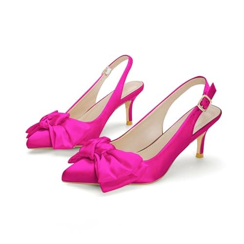 RUSAUISE Hot Pink Heels Pointed Toe Slingback Pumps with Bow Kitten Heels Sexy Formal Dress Shoes for Prom Causal Party Cocktail Magenta Size 7.5 - Image 1