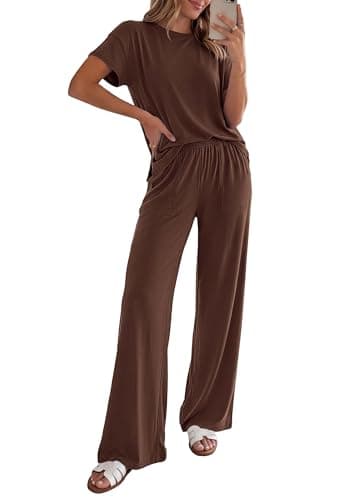 PRETTYGARDEN Women's 2026 Summer 2 Piece Matching Lounge Sets Short Sleeve Shirts Tops Wide Leg Pants Travel Airport Outfits (Brown,X-Large) - Image 1