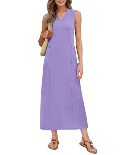 MISFAY Women's Sleeveless V-Neck Maxi Dress with Pockets — Floor-Length Slit Sundress for Summer Beach and Vacation(Lavender Purple,S) - Image 1