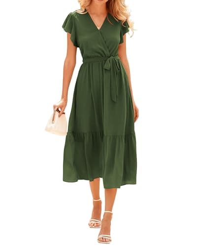 BTFBM Women Summer Bohemian Floral Casual Wrap V Neck Ruffle Cap Sleeveless Belt A-Line Pleated Hem Midi Sun Dress(Solid Army Green,XX-Large) - Image 1