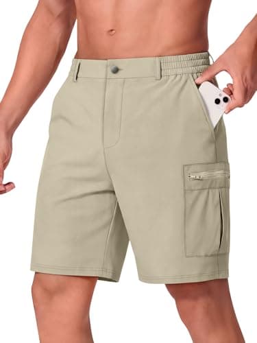 Crastimo Men Casual Shorts 9" Stretch 6 Pockets Quick Dry Lightweight Elastic Waist No Lining Hiking Travel Golf Khaki M - Image 1