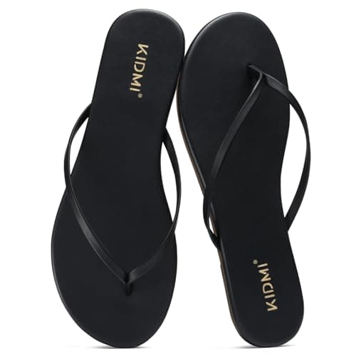 KIDMI Thong Flip Flops for Women - Memory Foam Summer Beach Sandals for Women - Vegan Leather Flat Sandals, Black EU 39 - Image 1