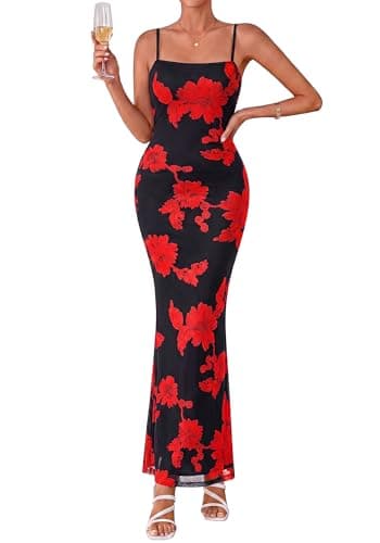 BTFBM Womens Summer Maxi Dress 2026 Floral Mesh Spaghetti Straps Sleeveless Sexy Bodycon Wedding Cocktail Party Dresses(Floral Black Red, X-Large) - Image 1