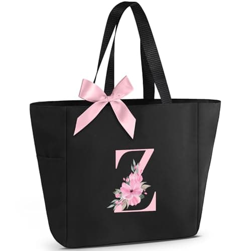 Vavabox Tote Bag, A-Z Initial Monogrammed Waterproof Tote Bag, Bridesmaid Gifts for Women, Black and Pink (Z, Black) - Image 1