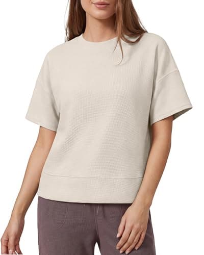 G4Free Casual Tops for Women Breathable Waffle Knit T-Shirts Short Sleeve Casual Blouses Loose Fit Lounge Trendy Summer (Dusty Taupe,L) - Image 1