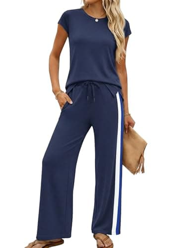Casly Lamiit 2pcs Pants Sets Outfits for Women Lounge Set Travel Set Crew Neck Pants Set Short Sleeve Tracksuits Dressy Navy Blue S - Image 1