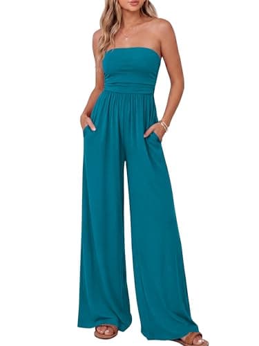 BTFBM Jumpsuits For Women Summer 2026 Beach Vacation Strapless Tube Top Jumpsuit Ruched Casual Wide Leg Pant Rompers(Lake Blue, Medium) - Image 1