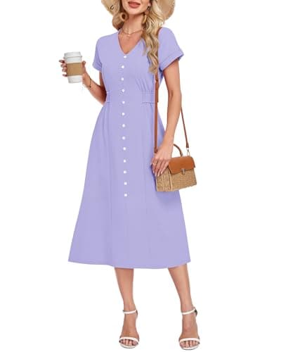 MOLERANI Women's Casual V Neck Short Sleeve Summer Midi Dress 2026 Elastic Waist Flowy A Line Pockets Spring Maxi Dresses for Beach Vacation Cruise Resort Wear Lightweight, Light Purple, M - Image 1