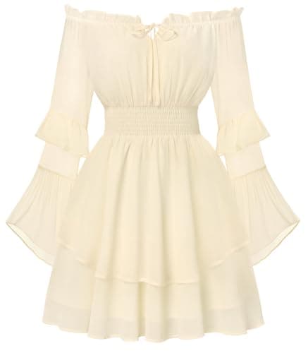 Scarlet Darkness Women Renaissance Dress Off Shoulder Long Sleeve Fairy Pirate Dresses Ruffle Flowy Mini Dress Ivory White XL - Image 1