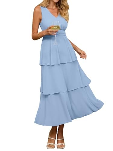 BerryGo Womens Summer Sleeveless Maxi Dress Chiffon Flowy V Neck Casual Ruffle Tiered Boho Wedding Guest Beach Long Sundress Grey Blue L - Image 1