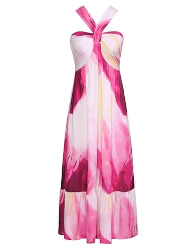 GRACE KARIN 2024 Summer Women's Criss Cross Halterneck Sleeveless Floral Print Flowy A Line Maxi Dress Magenta Tie Dye M - Image 1