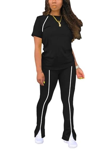 STOLKISS Women Tracksuit 2026 Fall 2 Piece Outfits Airport Travel Vacation Outfits Long Sleeve Lounge Sets Flared Legging Pants Athleisure Beige Black S - Image 1