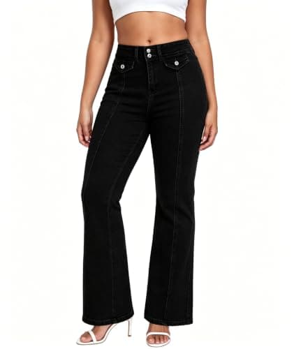 MARIASHA Jeans for Women Flared Leg Stretch High Wasited Printed Pocket Pants Black XL - Image 1