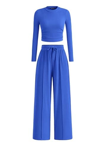 PRETTYGARDEN Women's 2 Piece Sets 2026 Fall Long Sleeve Crop Tops Wide Leg Pants Matching Outfit Tracksuits Spring Clothes (Blue,Small) - Image 1