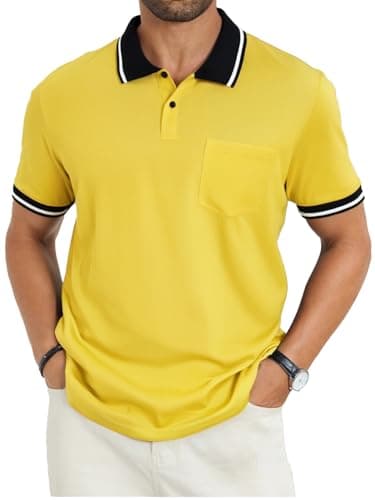 LuxMania Men's Casual Short Sleeve Polo Shirts Classic Button Summer Collared Golf Top T-Shirt with Pocket Yellow L - Image 1