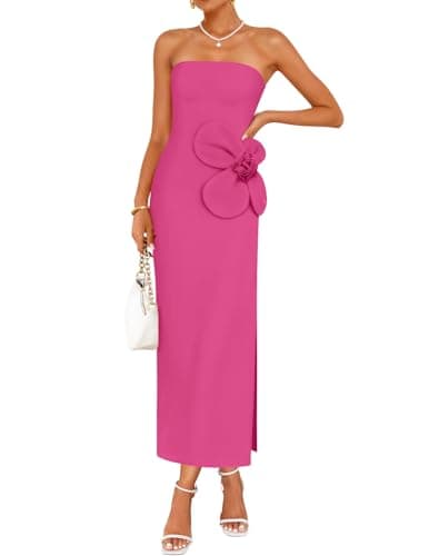 ZESICA Women's Summer Strapless Bodycon Maxi Dress 2026 Ribbed Knit Backless Floral Tube Cocktail Party Long Dresses,Rose,Large - Image 1