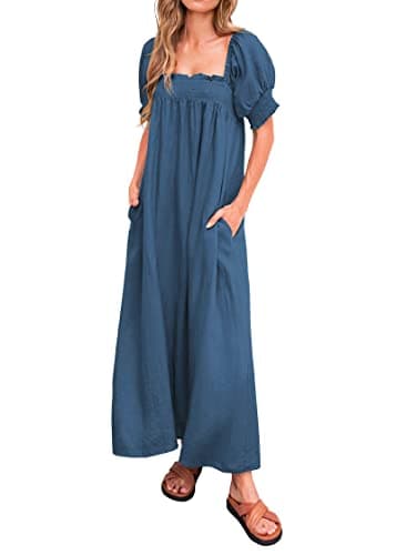 KIRUNDO Women 2026 Summer Maxi Dress Casual Loose Puff Sleeve Square Neck Maternity Flowy Long Beach Dresses with Pockets(Dark Blue, Large) - Image 1