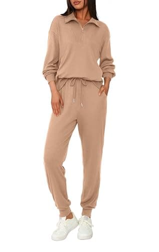 BTFBM Women's 2 Piece Tracksuit Spring Outfits 2026 Long Sleeve Half Zip Sweatshirt Sweatpants Lounge Set Sweatsuits(Solid Khaki,XX-Large) - Image 1