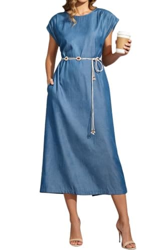 Women Denim Blue Cap Sleeve Split Shift Office Decorative Waist Chain Dress - Image 1