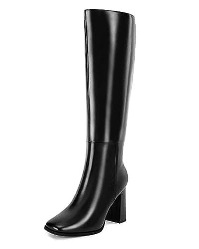 Coutgo Womens Wide Calf Knee High Boots Chunky High Heel Square Toe Fashion Leather Shoes with Side Zipper,Black,Size 8 - Image 1