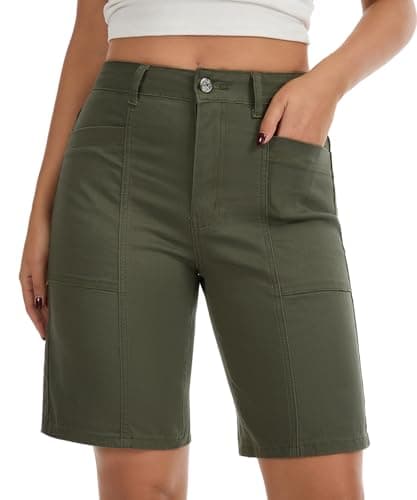 VIPONES Bermuda Jorts for Women High Waisted Denim Shorts Pocket Long Stretch Baggy Jean Shorts Relaxed Fit Army Green Summer Shorts for Women 2026(6012, L) - Image 1