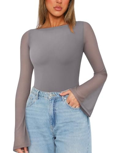 REORIA Women's Fall Trendy Sexy Boat Neck Long Sleeve Sheer Mesh Slimming Going Out Bodysuit Tops For Vacation Deep Grey Medium - Image 1