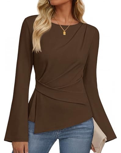 MEROKEETY Women's Long Sleeve Peplum Shirts Dressy Fall Tops, Brown, XL - Image 1