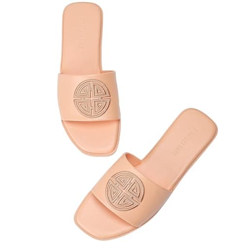 Stratuxx Kaze Womens Flat Sandals Dressy Summer Slide with Memory Foam Comfortable Cute Leather Pink Sandals for Women - Image 1