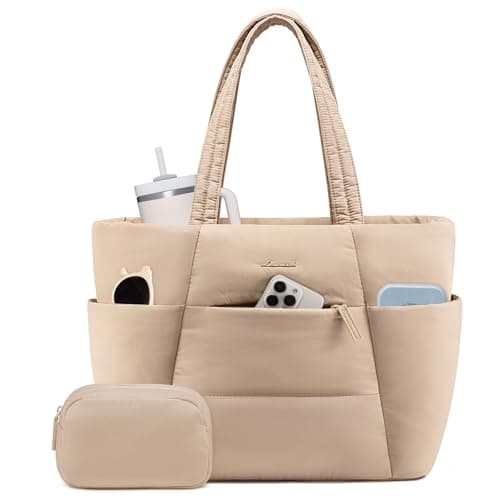 LOVEVOOK Puffer Tote Bag with 40oz Cup Holder, Large Work Tote Laptop Bag for Nurse Teacher, Shoulder Bag for Travel/Gym/Daily - Image 1