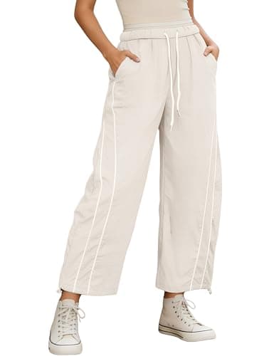 SeekMe Women's Wide Leg Track Pants Baggy Drawstring Waist Lightweight Casual Hiking Athletic Sweatpants(0029-Beige-L) - Image 1