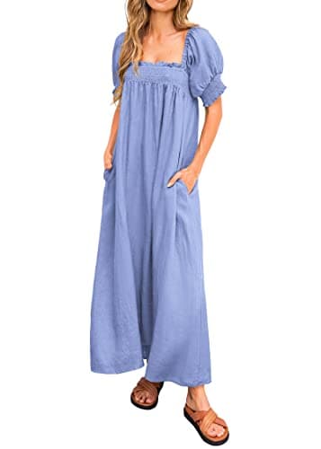 KIRUNDO Women 2026 Summer Maxi Dress Casual Loose Puff Sleeve Square Neck Maternity Flowy Long Beach Dresses with Pockets(Blue, Large) - Image 1