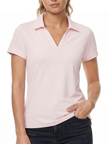 Stelle Womens V Neck Polo Shirts Short Sleeve Collared Tops Quick Dry Golf Tennis Work Casual Summer Tee(Ballet Pink,XS) - Image 1