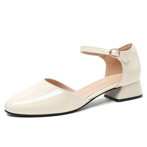 SLAKEUP Women's Chunky Block Heel Pumps Comfortable Leather Round Toe Ankle Strap Pumps Dress Office Party Dress Shoes Apricot Size 8.5 - Image 1