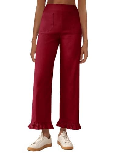 Cicy Bell Womens Straight Wide Leg Pants Casual High Waisted Ruffle Hem Loose Trousers with Pockets Burgundy - Image 1