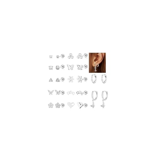 Wgoud 12 Pairs Hypoallergenic Surgical Steel Earrings for Sensitive Ears Waterproof Trendy Gold Plated Small Stud Flat Back Stainless Steel Earrings for Women Men Hoop Cartilage Earring Set for Multiple Piercing (Silver Plated) - Image 1